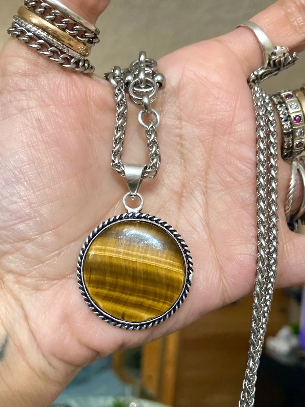 Golden brown tiger eye round gemstone charm Celtic knot steel necklace